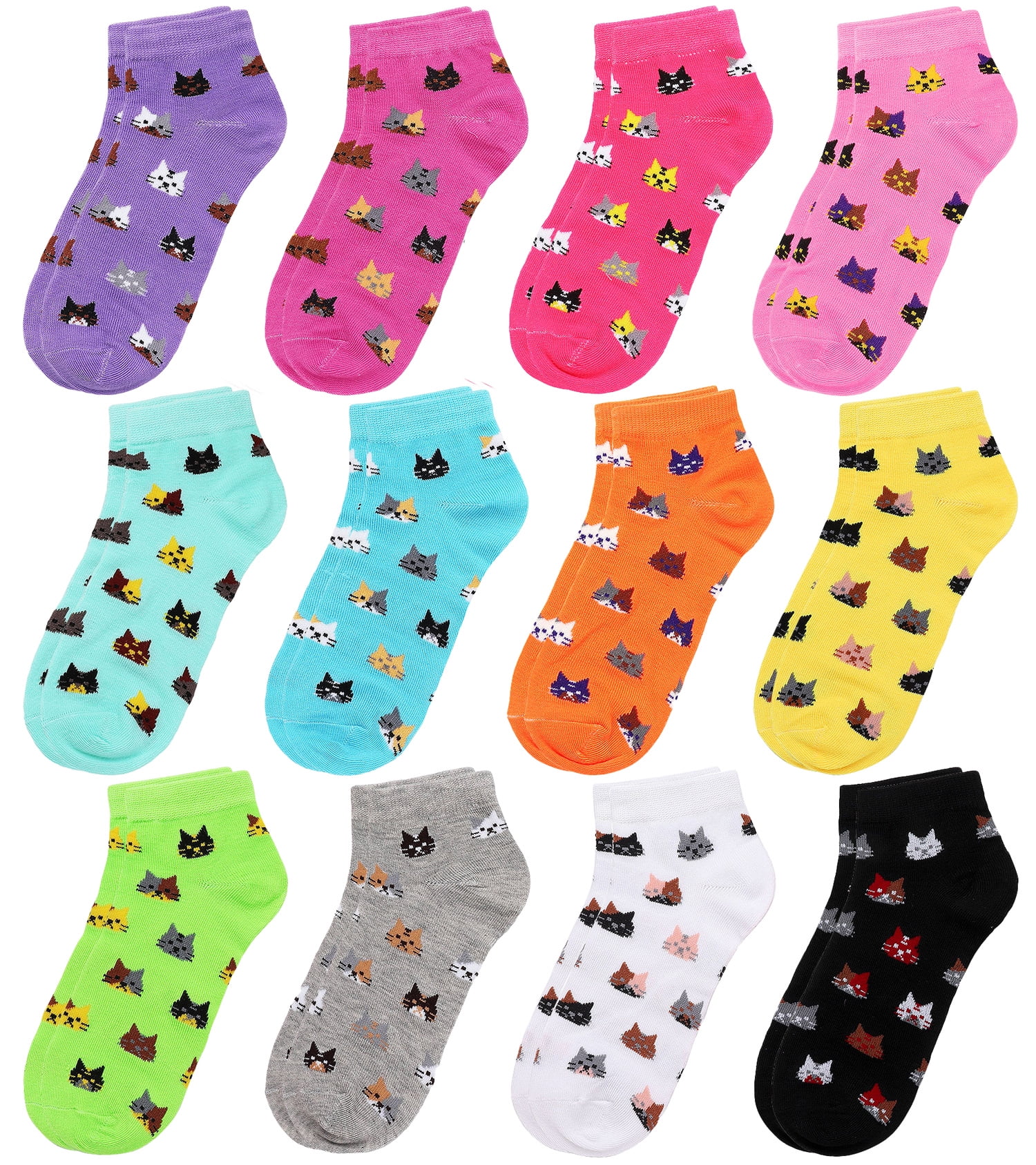 12Pack Assorted Colors Women's Novelty Ankle Socks Size 911 Cat
