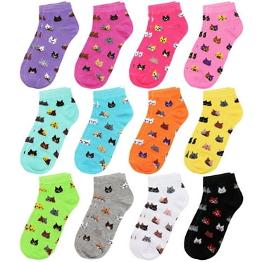 12-Pack Assorted Colors Women's Novelty Ankle Socks Size 9-11 Cat