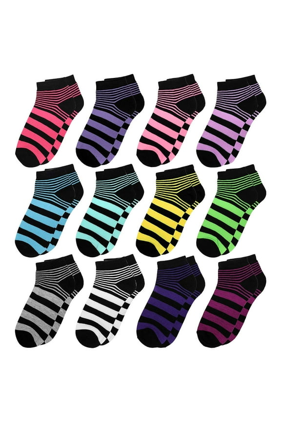 12-Pack Assorted Colors Women's Novelty Ankle Socks Size 9-11 Striped