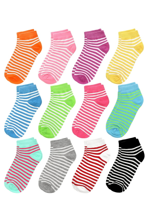 12-Pack Assorted Colors Women's Novelty Ankle Socks Size 9-11 Striped