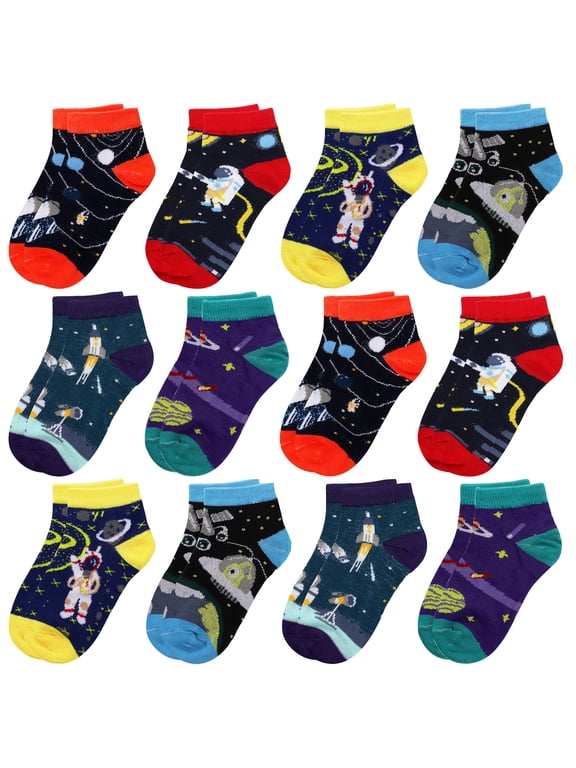 12-Pack Assorted Universe Astronaut Pattern Toddler Boy Kids Cotton Socks Medium 4-6 Years