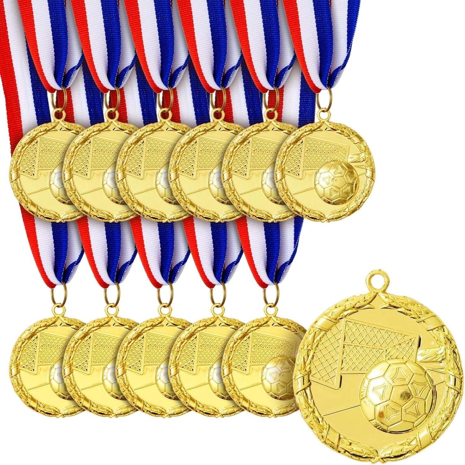 12 Pack Award Medals for Adults - Team Participation Trophies with Red, White, and Blue Striped Ribbon, Sports Themed Party Favors (2 in, Metal, Gold)