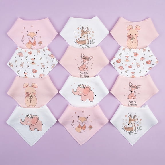 [Brand Name] 12-Pack Baby Bandana Drool Bibs - Soft Absorbent Cotton with Adjustable Snaps - Cute Cartoon Prints for Boys & Girls