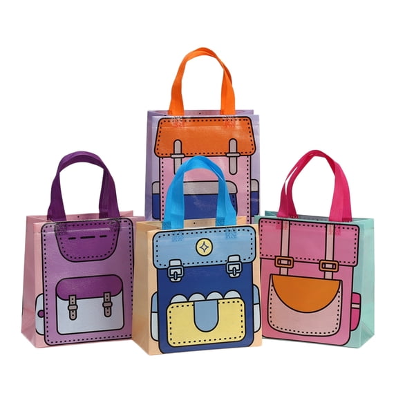 12 Pack Back to School Gift Bags with Handles, 4 Designs Cute Backpack Shaped Non-woven Party Favor Goodie Bags for First Day of School, Classroom Rewards, Kids Birthday