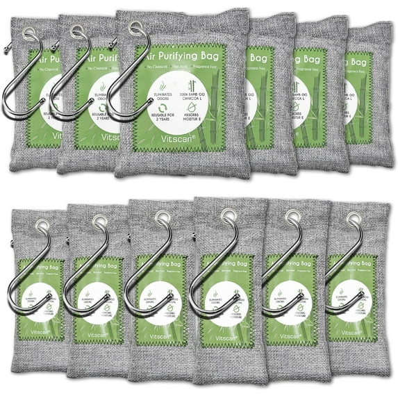 12 Pack Bamboo Air Purifying Bag, Activated Charcoal Bags Odor Absorber, Moisture Absorber, Natural Car Air Freshener, Shoe Deodorizer, Odor Eliminators For Home, Pet, Closet (6x50g, 6x150g)