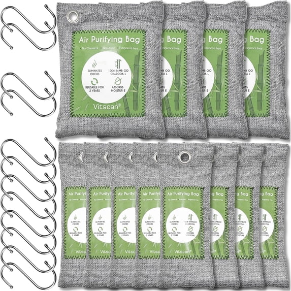 12 Pack Bamboo Charcoal Air Purifying Bag, Activated Charcoal Bags Odor Absorber, Moisture Absorber, Natural Car Air Freshener, Shoe Deodorizer, Odor Eliminators For Home, Pet, Closet (8x50g, 4x200g)
