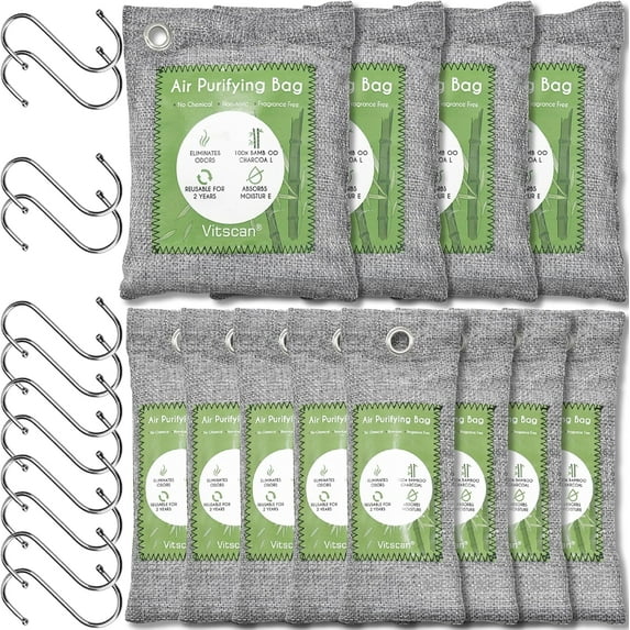 12 Pack Bamboo Charcoal Air Purifying Bag, Activated Charcoal Bags Odor Absorber, Moisture Absorber, Natural Car Air Freshener, Shoe Deodorizer, Odor Eliminators For Home, Pet, Closet (8x50g, 4x200g)