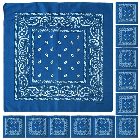12 Pack Bandanas Multipurpose Cotton Novelty Paisley Bandana Headband for Cowboy Men Women 22 x 22 - Blue