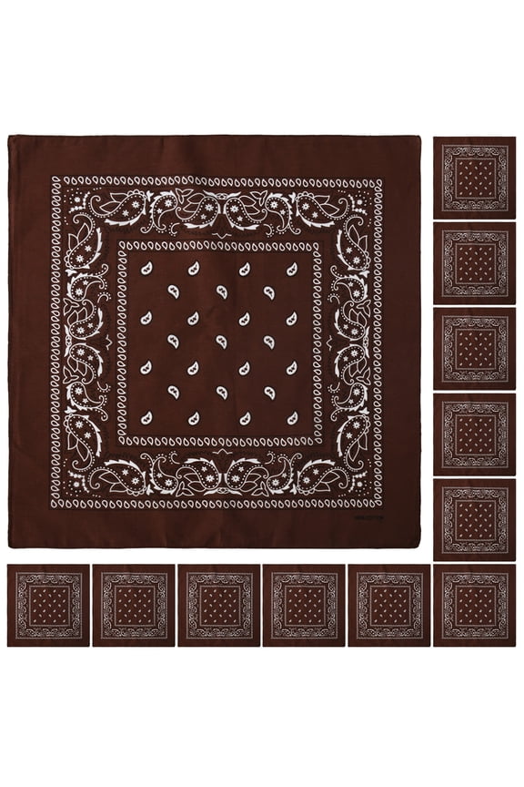 12 Pack Bandanas Multipurpose Cotton Novelty Paisley Bandana Headband for Cowboy Men Women 22 x 22 - Brown