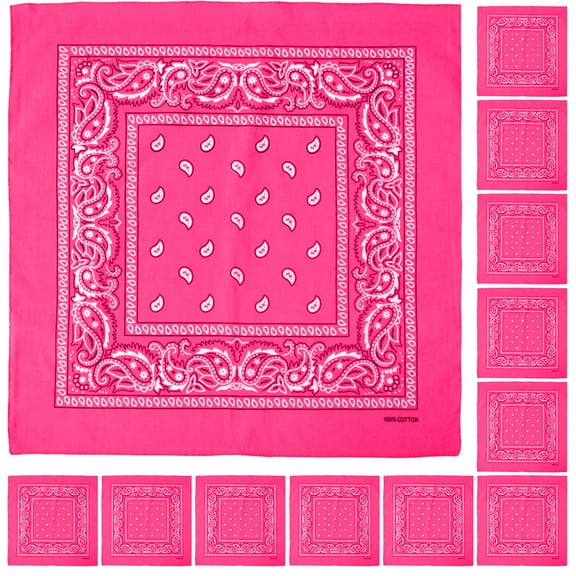 12 Pack Bandanas Multipurpose Cotton Novelty Paisley Bandana Headband for Cowboy Men Women 22 x 22 - Hot Pink
