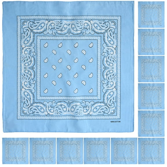 12 Pack Bandanas Multipurpose Cotton Novelty Paisley Bandana Headband for Cowboy Men Women 22 x 22 - Sky Blue