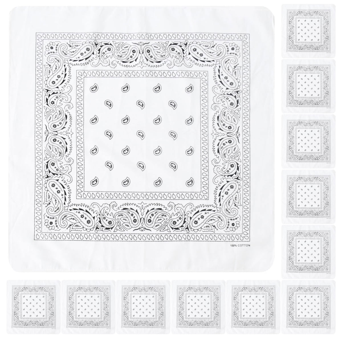 12 Pack Bandanas Multipurpose Cotton Novelty Paisley Bandana Headband for Cowboy Men Women 22 x 22 - White