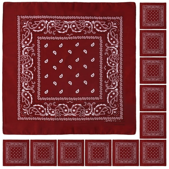 12 Pack Bandanas Multipurpose Cotton Novelty Paisley Bandana Headband for Cowboy Men Women 22 x 22 - Wine