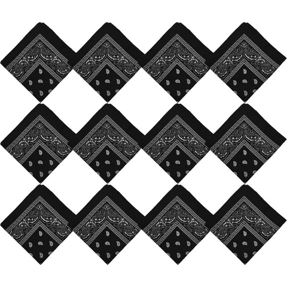 12 Pack Bandanas, Unisex One-Sided Print Paisley Retro Head Wrap Necktie Face Mask Bulk (Black)