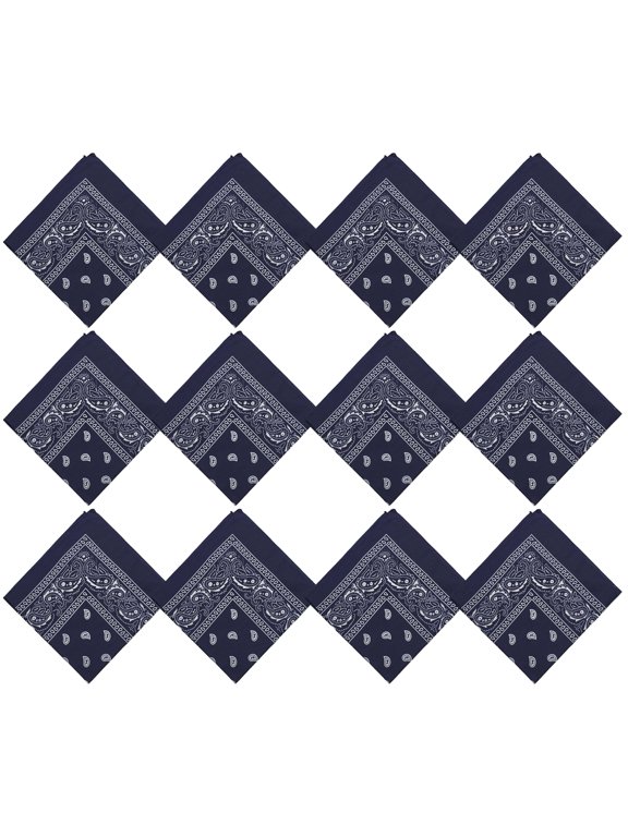 12 Pack Bandanas, Unisex One-Sided Print Paisley Retro Head Wrap Necktie Face Mask Bulk (Navy)