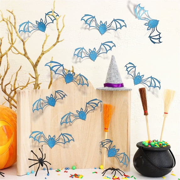 12 Pack Bat Decorations for Halloween, Spooky Glitter Blue 3D Bats Wall Decor, Halloween Window Decor, Halloween Party Decor for Indoor Outdoor Home Yard Porch Fence Haunted House