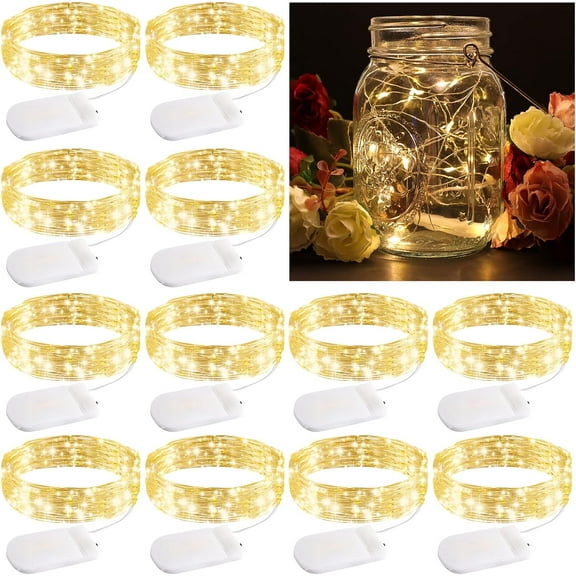 12 Pack Battery Operated Fairy Lights,7ft 20LED Mini String Lights,Copper Wire Firefly Starry Lights,Waterproof,Mason Jar Lights For DIY Wedding Party Bedroom Xmas Decor (Warm White)