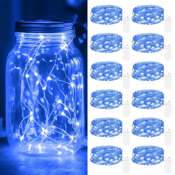 HOVMAP 12Pack Blue Fairy Lights Battery Operated 7ft 20LED, Waterproof Mini String Lights for Mason Jars, Baby Shower, Party, Christmas
