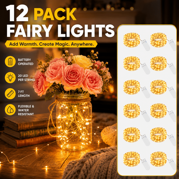 HOVMAP 12Pack Fairy Lights Battery Operated 7ft 20LED, Waterproof Mini String Lights for Mason Jars, Crafts, Wedding Centerpieces, Warm White