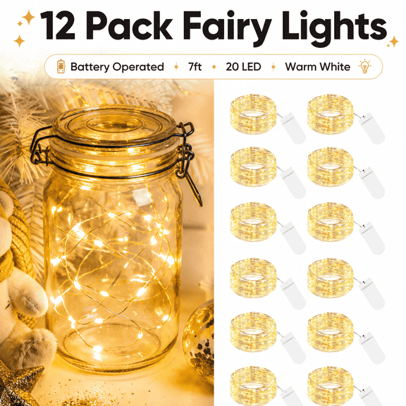 HOVMAP 12Pack Fairy Lights Battery Operated 7ft 20LED, Waterproof Mini String Lights for Mason Jars, Crafts, Wedding Centerpieces, Warm White