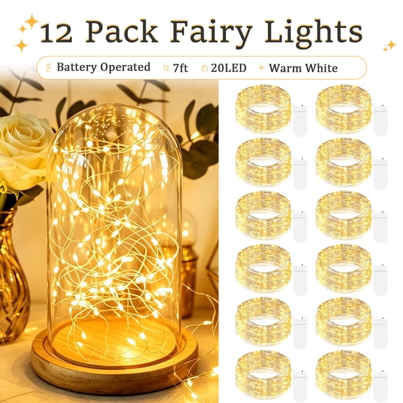 HOVMAP 12Pack Fairy Lights Battery Operated 7ft 20LED, Waterproof Mini String Lights for Mason Jars, Crafts, Wedding Centerpieces, Warm White