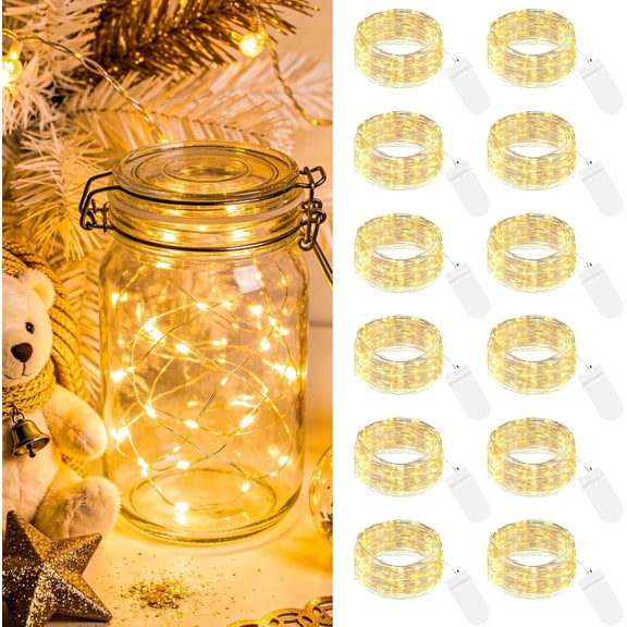 12 Pack Battery Operated Fairy Lights 7ft 20LED, Waterproof Mini String Lights Bulk for Mason Jars Wedding Centerpieces DIY Christmas Crafts, Yellow