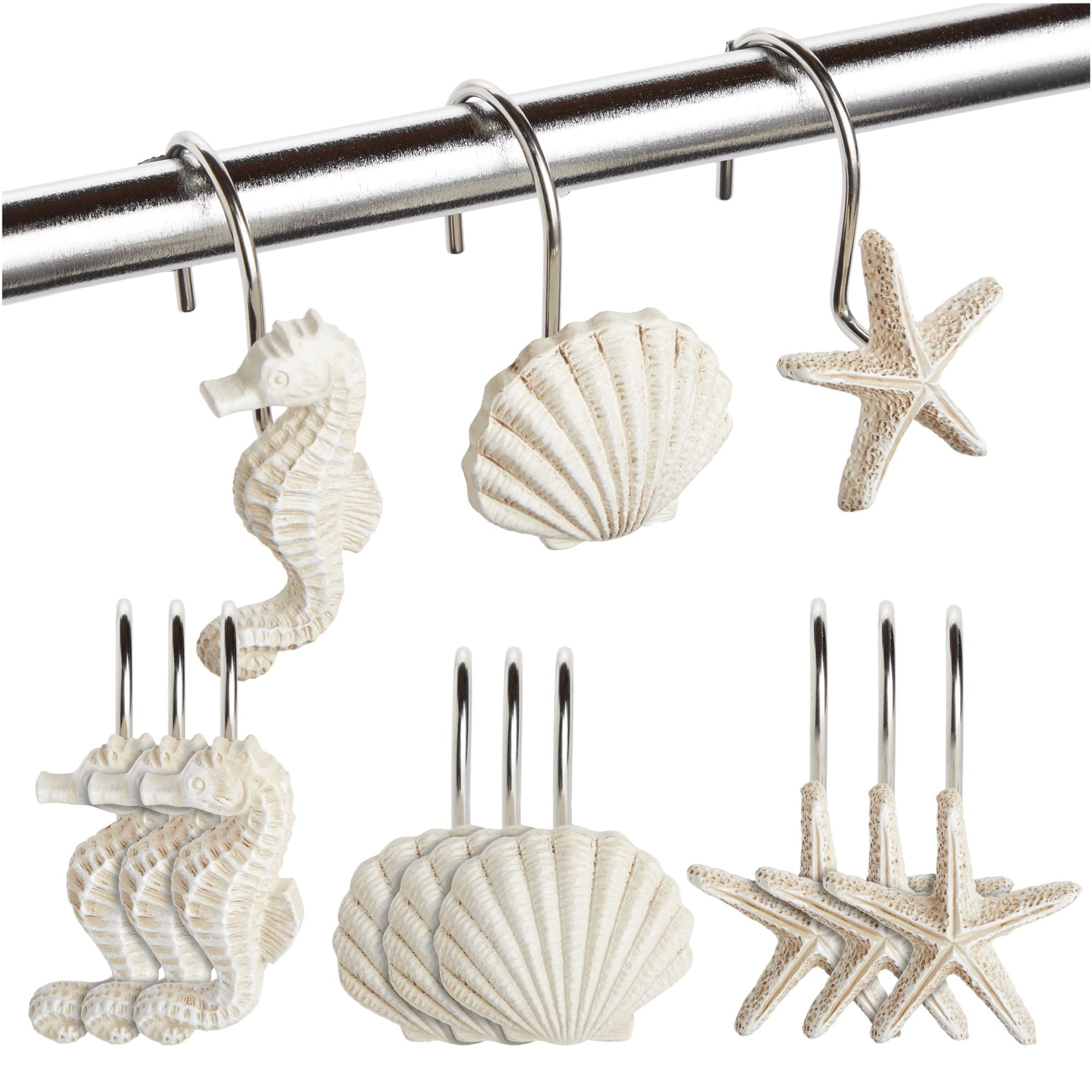 12-Pack Coastal White Seashell and Seahorse Shower Curtain Hooks