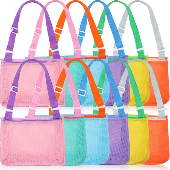 12 Pack Beach Tote Shell Collecting Bags, 6 Colors