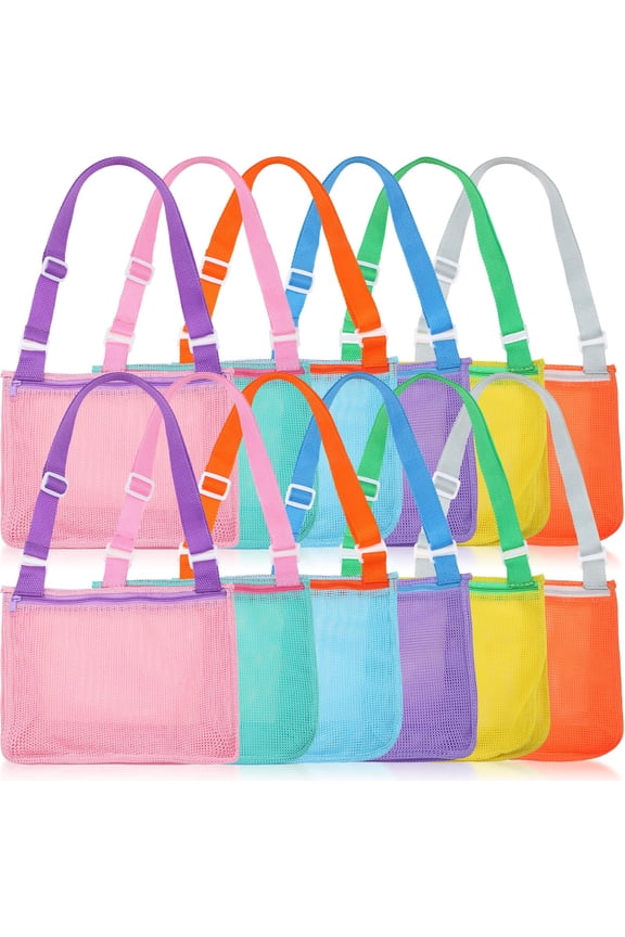 12 Pack Beach Tote Shell Collecting Bags, 6 Colors