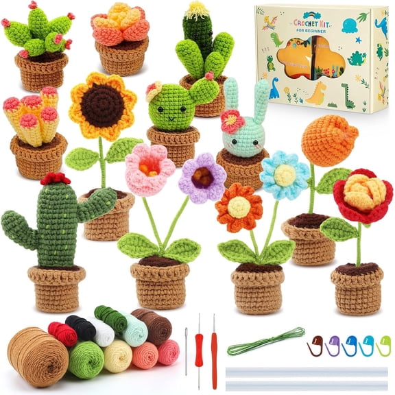 12 Pack Beginner Christmas Crochet Kit, DIY Mini Succulent Pot Craft Set with Video Guides, Handmade Decor Gift for Birthday Xmas Classroom