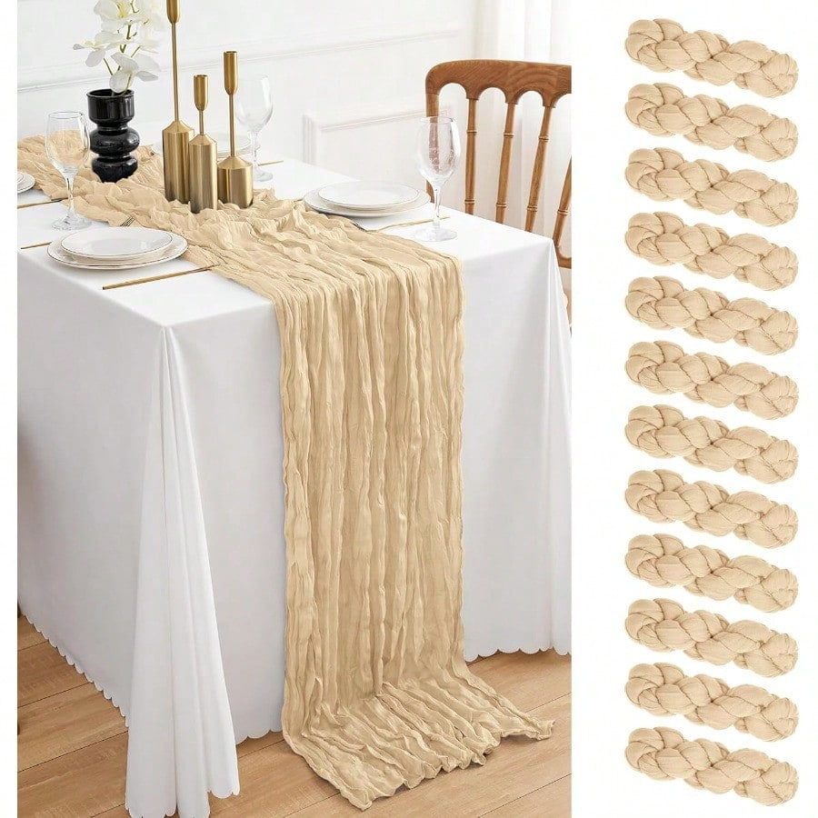 12 Pack Beige Cheesecloth Table Runner Table Runner 10ft Boho Gauze Table Runners Semi Sheer Cheese Cloth Fabric Table Runner Bulk For Wedding Bridal Baby Shower Party Home Decoration