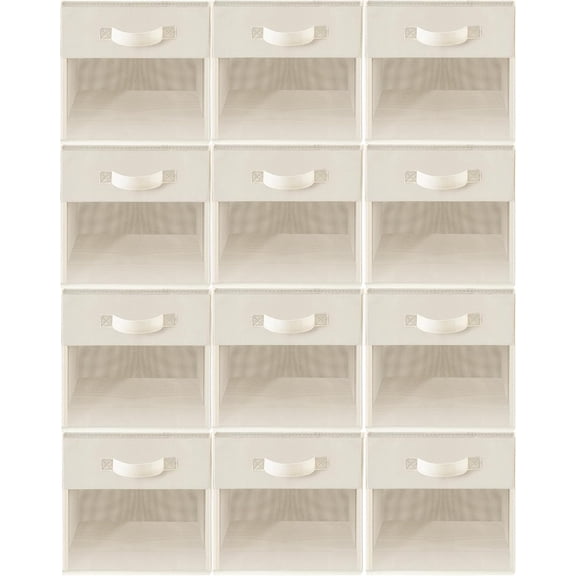 12-Pack Beige Fabric Storage Cubes with Clear Window - Collapsible Closet and Shelf Organizer Bins