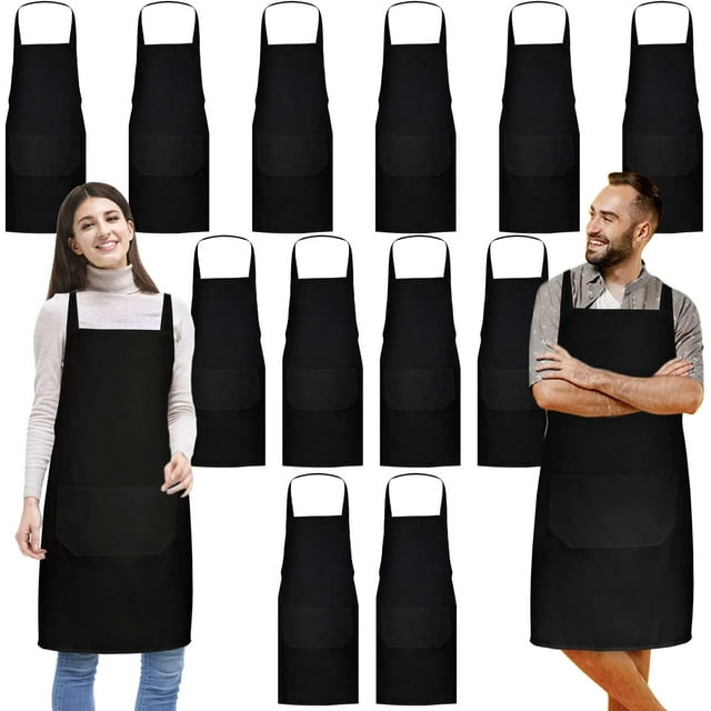 12 Pack Kitchen Bib Apron, Unisex Black with 2 Pockets, For Cooking, Painting, BBQ, Baking, 32 x