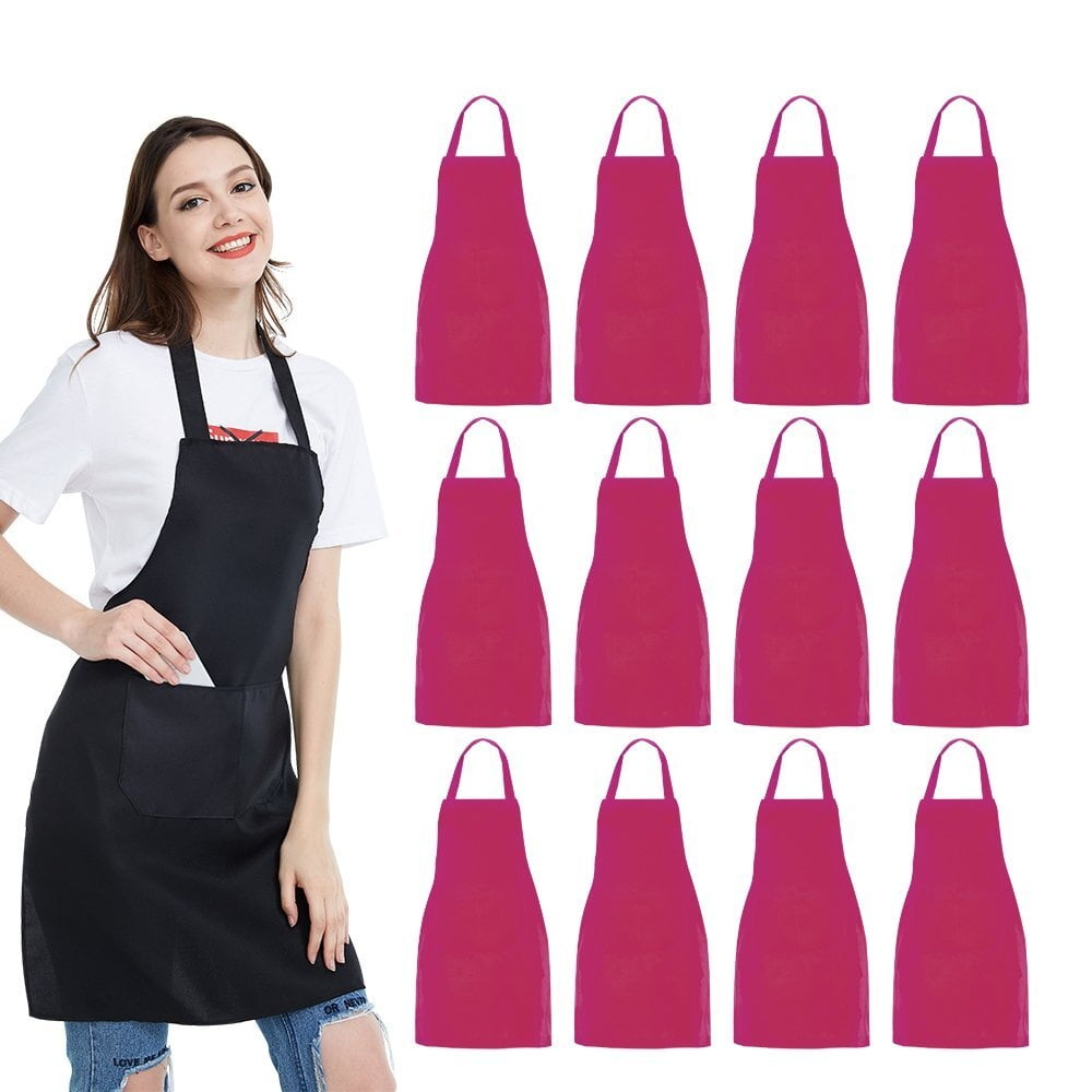 12 Pack Bib Apron - Unisex Black Apron Bulk With 2 Roomy Pockets Machine Washable For Kitchen Crafting BBQ Drawing