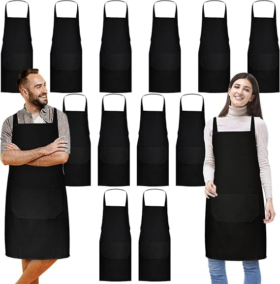 12 Pack Bib Apron,Unisex Black Plain Aprons,Aprons Bulk with 2 Pockets,Bib Aprons with Long Ties, 23 x 28 Inch