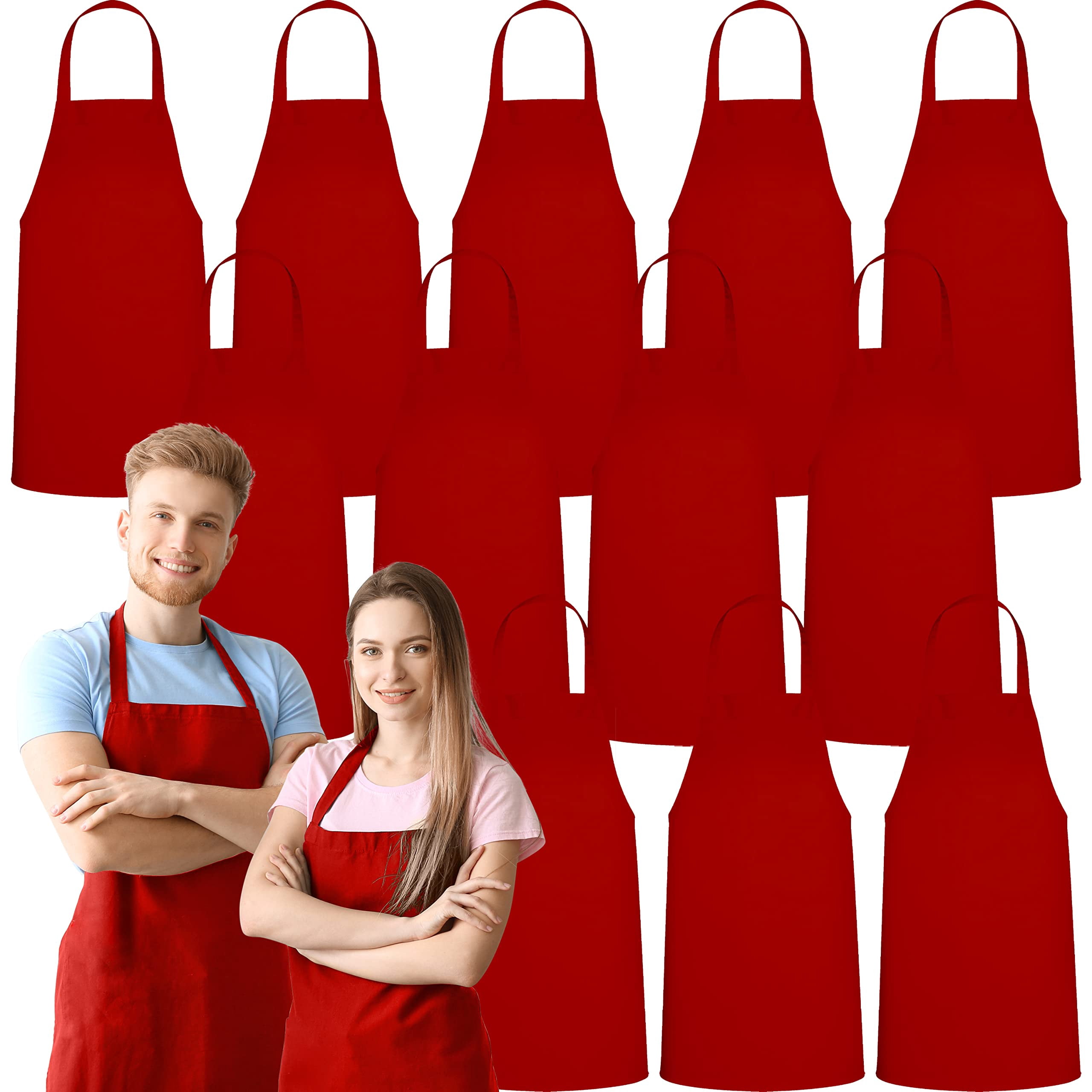 12 Pack Bib Apron - Unisex Red Aprons  Machine Washable For Men And Women Kitchen Cooking Bbq Bulk (pack Of 12 No Pockets Red)