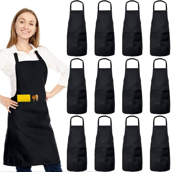 12 Pack Bib Apron, Unisex Restaurant Kitchen Aprons for Women with 2 Pockets, Chef Aprons for Cooking Men BBQ Painting Drawing Craft Plain Adults, Bulk Black l