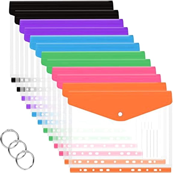 12 Pack Binder Pockets for 2/3/4 Ring Binder, Binder Folders with Snap Button and Label, Expandable Plastic Envelopes Binder Organizer Folders with 11 Holes for School Office Home