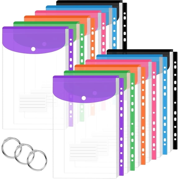 12 Pack Binder Pockets for 2/3/4 Ring Binder, Binder Folders with Snap Button and Label, Expandable Plastic Envelopes Binder Organizer Folders with 11 Holes for School Office Home