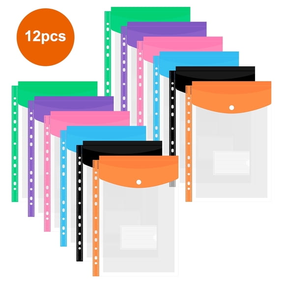 12 Pack Binder Pockets for 2/3/4 Ring Binder, TSV Binder Folders with Snap Button and Label, Expandable Plastic Envelopes Binder Organizer Folders with 11 Holes
