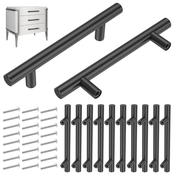 12 Pack Black Cabinet Handles, 8" Length, 5" Hole Center, Stainless Steel Feel T-Bar Kitchen Drawer Pulls, Cabinet Handles for Cupboards, Drawers, Dressers, Cabinets