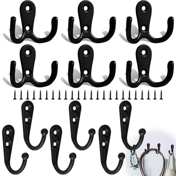 12 Pack Black Coat Hooks Wall Mounted with Screws Retro Double Hooks Utility Black Hooks for Coat, Scarf, Bag, Towel, Key, Cap, Cup, Hat
