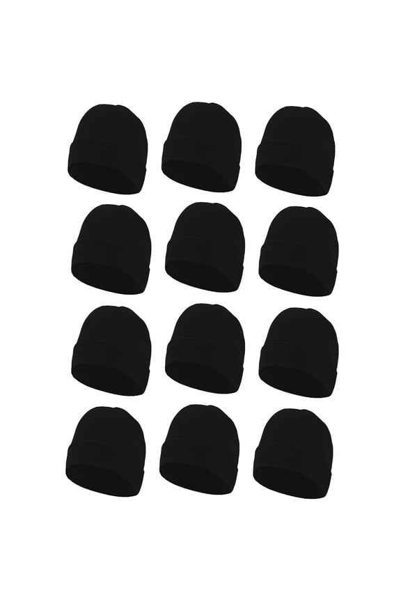 12-Pack Black Falari Men Women Knitted Beanie Hat Ski Cap Plain Solid Color Great for Winter