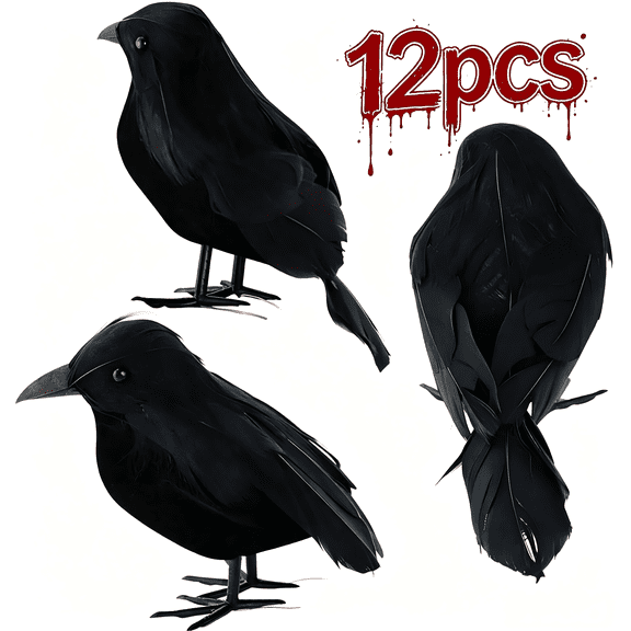 12 Pack Black-Feathered Crows Halloween Decorations - Realistic Artificial Handmade Black Feathered Crows for Halloween Party & Outdoor/Indoor Decorations