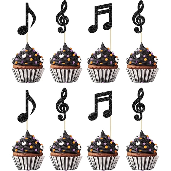 12 Pack Black Glitter Music Note Cupcake Toppers, Treble Clef, Eighth Note Party Picks Decorations