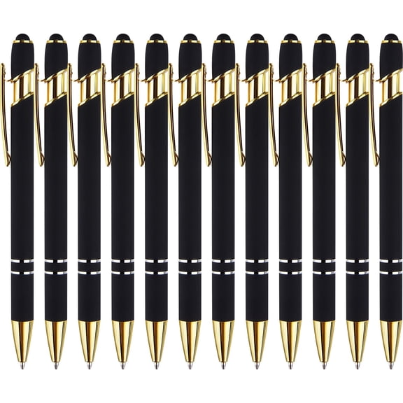 12 Pack Black Gold Ballpoint Pen with Stylus Tip, 1.0 mm Black Ink Smooth Writing Pens, Metal Stylus Pens for Touch Screens