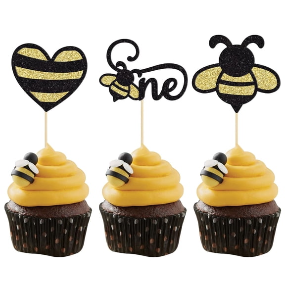 12 Pack Black & Gold Glitter Bee 1st Birthday Cupcake Toppers, "One" Party Picks Decorations