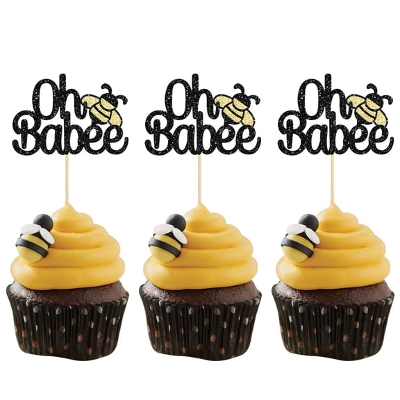 12 Pack Black & Gold Glitter Bee Themed Cupcake Toppers, "Oh Babee" Party Picks Decorations