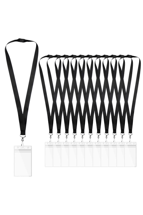 12-Pack Black Breakaway Lanyards with ID Holders, Durable Polyester Neck Straps for ID Cards, Events, Office, and Schools
