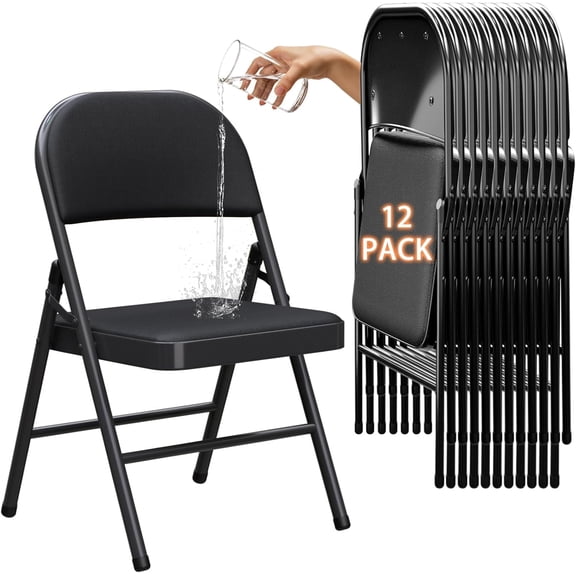 12 Pack Black Leather Padded Folding Chairs - Steel Frame, No Assembly, Portable Stackable for Indoor Outdoor